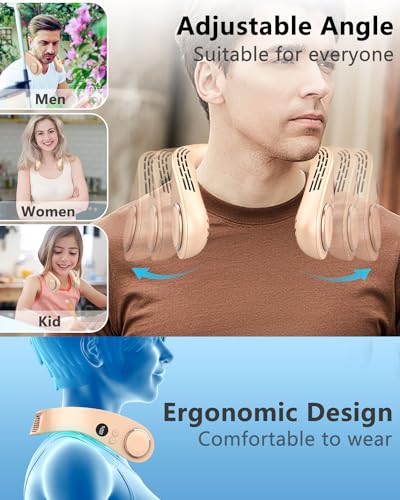 Image of Neck Fan with Semiconductor Cooling Plate, Rechargeable 5500mAh Battery, LED 5 Speeds & 3 Cooling Modes Display, USB Personal Cooling Device Gift for Hot Weather Mother's Day Father's Day, Apricot