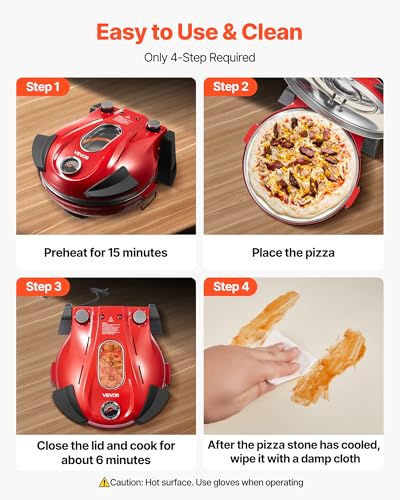 Image of VEVOR Pizza Oven, 12 in Electric Pizza Maker, 1200W Countertop Cooker with Cordierite Stone, 5-Level Dual Temp Control Knob, Max 788 ˚F Home Pizza Maker, Viewing Window & Thermometer, (Red)