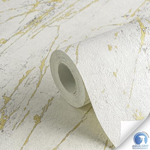Livingwalls Wallpaper DESIGNDROP, precovered Non-Woven Wallpaper Marble in White, Gold, Grey, 10,05m x 0,53m - Image 2