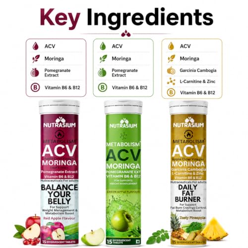Image of Nutrasium ACV Moringa Metabolism Plus | Apple Cider Vinegar Effervescent Tablet | For Supports Weight Loss, Control Cravings, Convert Fat Into Energy, Boost Energy & Immunity | 90 Tablets Mix Fruit