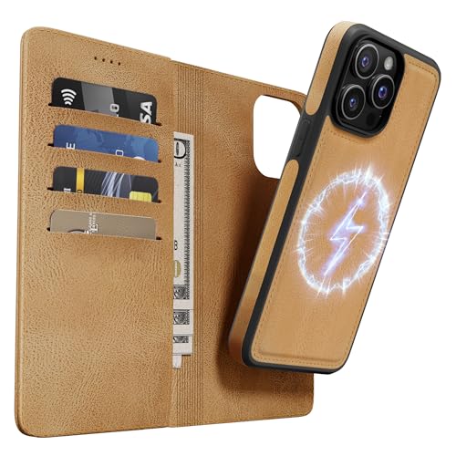 OASISBLUE iPhone 15 Pro Max Hülle [2 in 1 Magnetisch Abnehmbar] Kabelloses Laden Kompatibel Stoßfest Schutzhülle Lederhülle Klapphülle Handyhülle für iPhone 15 Pro Max - braun