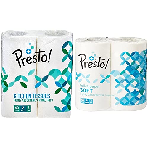 Image of Amazon Brand - Presto! 2 Ply Kitchen Tissue /Towel Paper - 2 Rolls (60 Pulls) and 3 Ply Toilet Paper - 4 Rolls (300 Sheets)