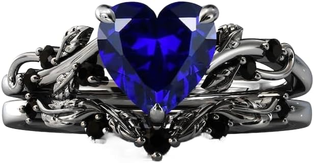Generic Blue Sapphire Engagement Ring Set For Women Blue Gemstone Wedding Ring Set Hear Shaped Blue Sapphire Bridal Ring Set