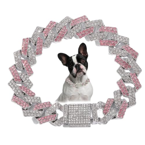 Image of Dog Chain Collars, Diamond Metal Cuban Link Dog Collar,15mm Wide Bling Sparkly Puppy Necklace for Small Medium Large Pet Dogs Cats Silver Pink(18 inch)