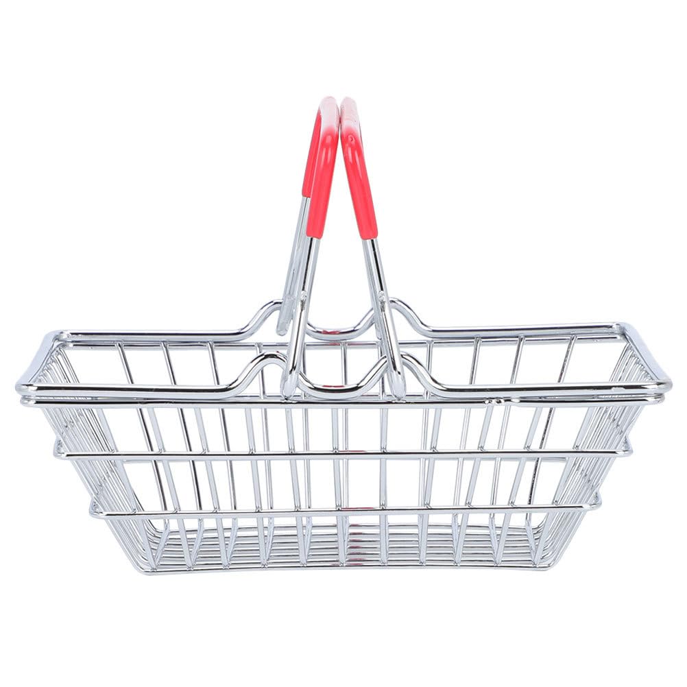 Angoily Mini Shopping Basket Realistic Fruit Basket with Handles, Pretend Toys Grocery Accessorries, Kids Shopping Child Play Rubber Metal Photography Props