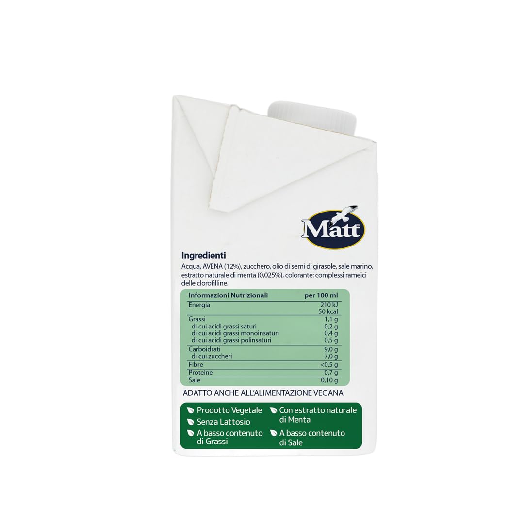 Matt, Avena Menta, Bevanda Vegetale, Latte Avena con Estratto Naturale di Menta, Senza Lattosio, a Basso Contenuto di Grassi e di Sale, Ideale per Tutta la Famiglia, 500 ml