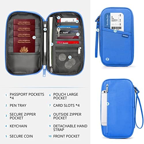 Modloan Passport Holder Travel Wallet, Travel Document Holder Family RFID Blocking Organiser Waterproof Passport Wallet for Women Men for ID Card,Credit Cards, Flight Tickets, Money, Coins, Phone-Blue