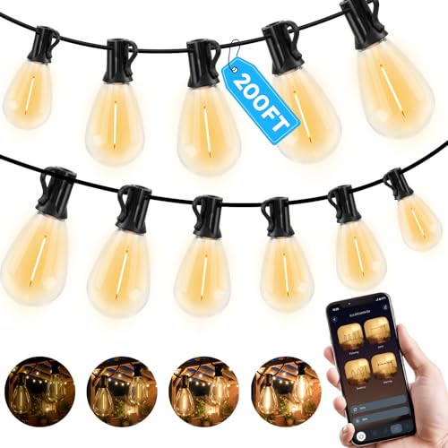 GvvooHome 200FT Outdoor String Light with S11 Plastic Bulbs Low-Voltage LED Patio Light with App & Remote Music Sync 4 Lighting Modes Dimmable & Waterproof for Backyard Porch Garden Deck Party