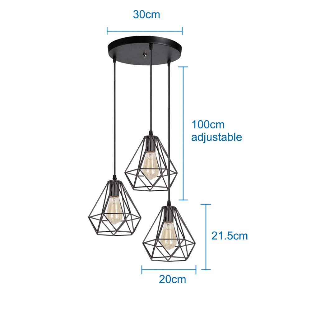 iDEGU 3 Lampen, Kronleuchter, Hängeleuchte, Industriell, Deckenleuchte, Retro, aus Metall, Hängeleuchte, Lampenschirm, Käfig, E27, Deckenleuchte, für Wohnzimmer, Esszimmer, Küche – Ø 20 cm, Schwarz