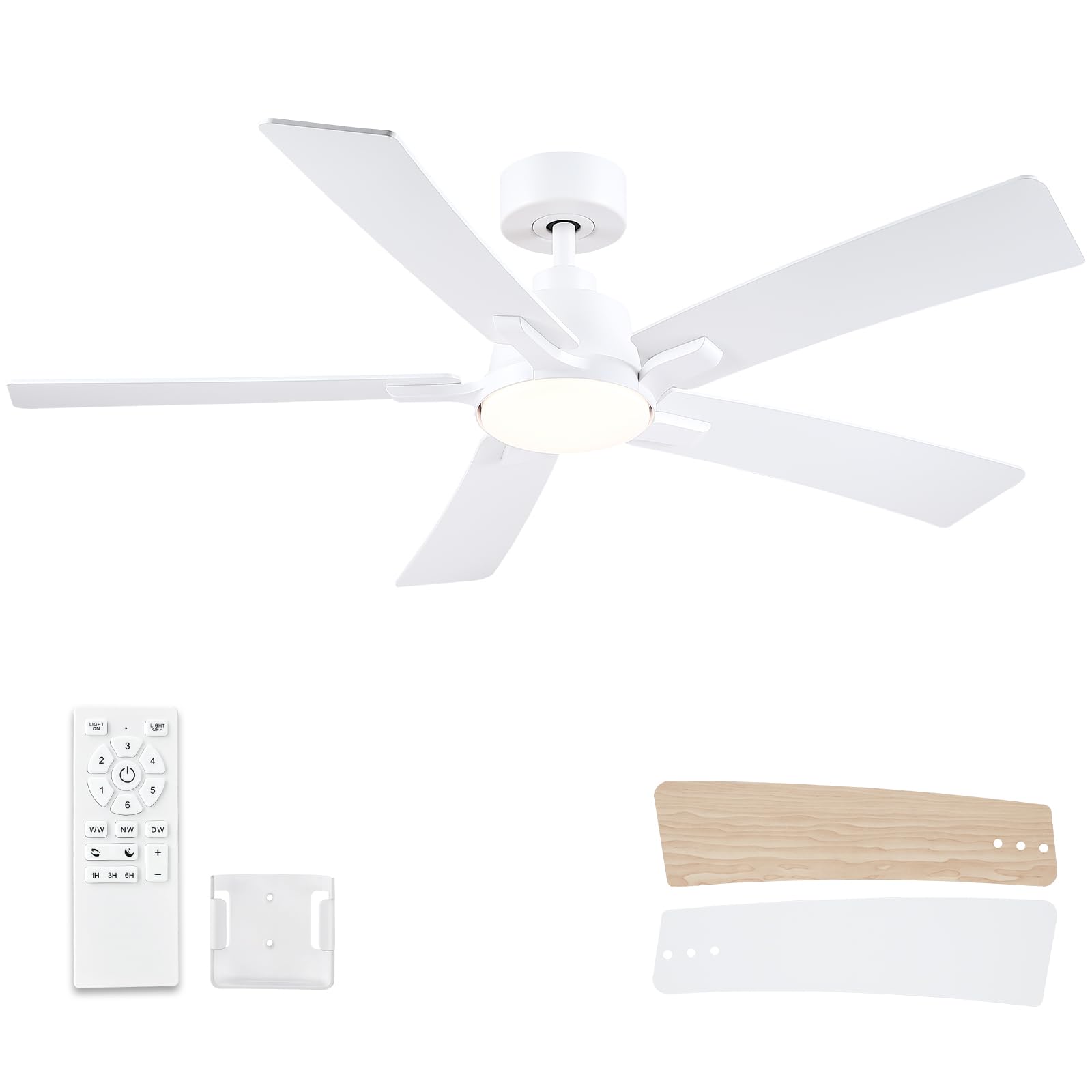 52 Inch Ceiling Fans with Lights and Remote, White Ceiling Fan, Downrod Style with 5 Blades, Modern Design For Indoor Bedroom Living Room/Outdoor, 6 Speed Reversible DC Motor, 3CCT Dimmable LED