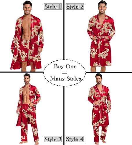 Image of SWOMOG Mens 3 PCS Satin Robe with Pants & Shorts Set Kimono Bathrobe Long Sleeve Sleepwear Pjs Sets with Pockets