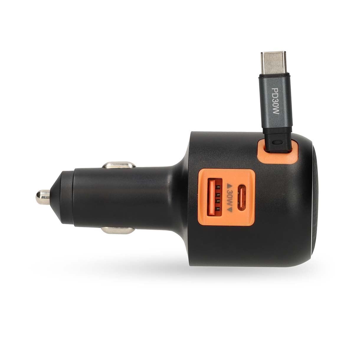 Nedis Ładowarka samochodowa 60 W z wysuwanym kablem USB-C, PD3.0 USB-C i USB-A ładowarka z zasilaniem 30 W, automatyczny wybór napięcia i PPS, 12 V lub 24 V - ciemnoszara