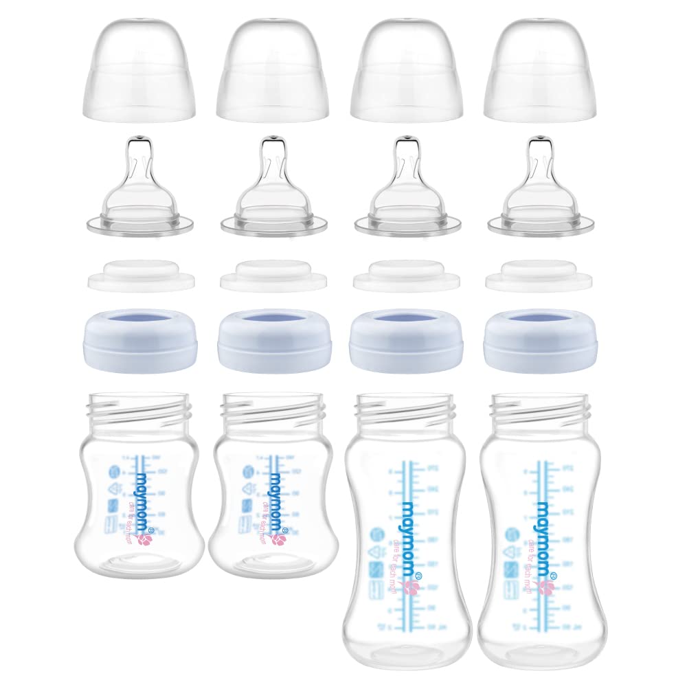 Maymom Wide-Mouth Milk Storage Collection Feeding Bottle with Nipple, Dome Cap, Bottle Top, SureSeal Disk; Compatible with Spectra/Luna Pumps; 4.7oz/