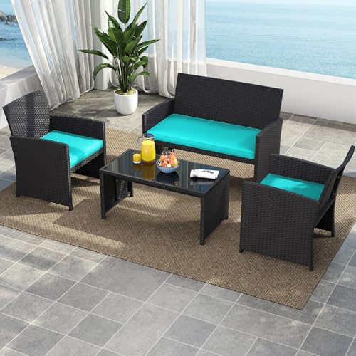 Image of Tangkula 4 Pieces Patio Wicker Furniture Set, Outdoor Heavy Duty Rattan Cushioned Chairs, Loveseat and Tempered Glass Coffee Table, for Backyard, Balcony, Poolside (Turquoised,1)