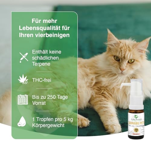 GLOBAL NATUREON® Cannabiu Pets Relax-Tropfen Lachsöl & Hanföl 500mg für Hunde und Katzen aus Samen, Tropfen für Reisen, Tierarztbesuche, Lärm und Fellpflege, Omega 3,6 & 9, 100% Natürlich