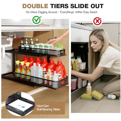 Image of 2-Pack 21.3 IN Depth Under Sink Organizer With Next-Gen Ball-Bearing Slides,Sophisticated Mesh 2-Tier Pull Out Shelf for Kitchen & Bathroom,Fits Small Items-Black