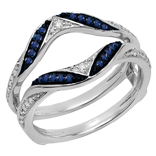 Dazzlingrock Collection 10K Solid Gold Round Blue Sapphire & White Diamond Womens Anniversary Guard Double Ring