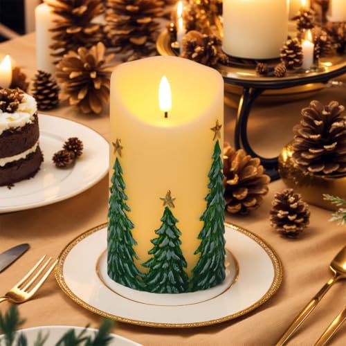 Image of Eldnacele Christmas Flameless Candles with 6 Hour Timer Battery Operated Hand Painted Christmas Tree Real Wax 3D Wick Flickeirng LED Pillar Candle for Dinner Indoor Holiday Xmas Decor(2Pcs,D3xH5.7)