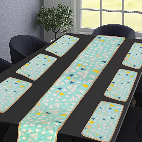 Image of COZY FURNISH Floral Microfiber Cotton Placemat & Table Runner Set for Dining Table - 6 Reversible Mats + 1 Runner | Washable Heat Resistant Table Mats Set for Home Kitchen Decor