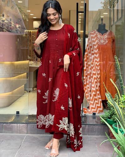 Image of GoSriKi Women's Rayon Blend Anarkali Printed Kurta with Pant & Dupatta | Ethnic Kurta Pant Dupatta Set for Women | Traditional Indian Wear Outfit