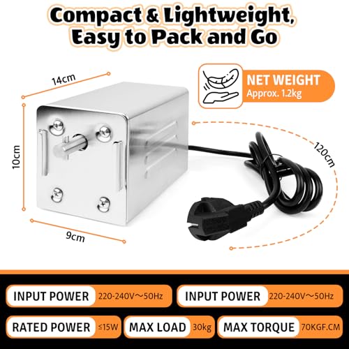 220V Grillmotor für Grillspieß, BBQ-Motor 15W Elektromotor, Tragbarer Outdoor Edelstahl Grillmotor, 30 kg Tragfähigkeit, Ideal für Outdoor-Grillen, Familienfeiern, Picknicks und Camping