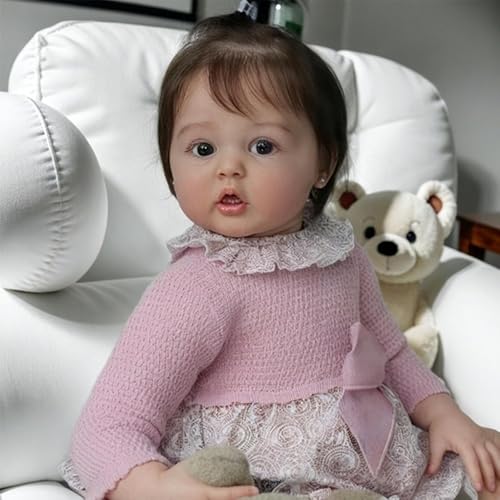 DOYSDJH Reborn Baby Mädchen 22 Zoll 55cm, Lebensecht Reborn Baby Vollsilikon Rosa Kleid Mit Spitzenkragen, Weiche Stoffpuppe Mit PlüSchtier, Sammler- Und Spielpuppe Reborn Babypuppe Mit Zubehör – Bild 7