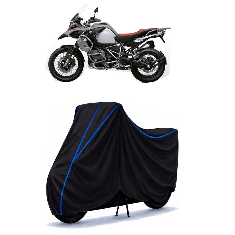 Image of R 1250 GS Adventure Bike Cover Water Resistant Universal Motorcycle Rain | Heavy Duty UV Protection, Dust, Scratch Indoor Outdoor All Weather with Black Blue Piping Elastic