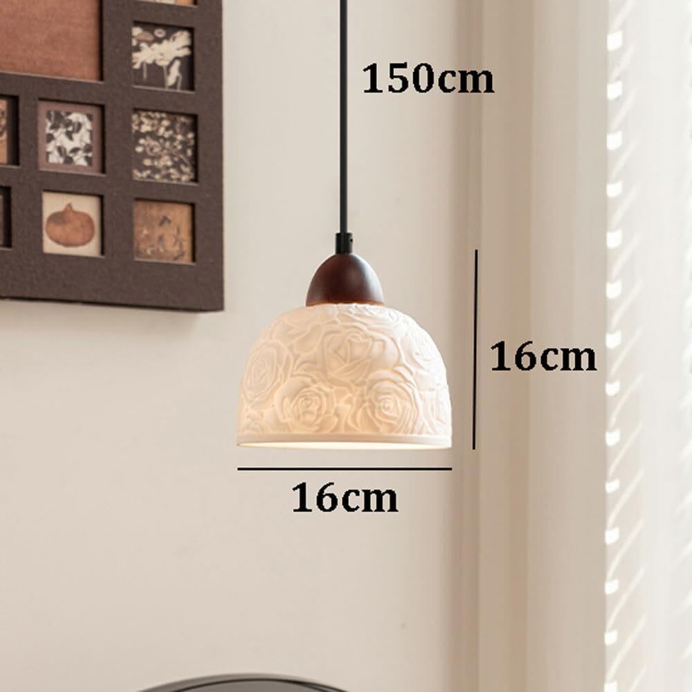 Lampada a sospensione in vetro lattimo con luce a in ceramica rosa