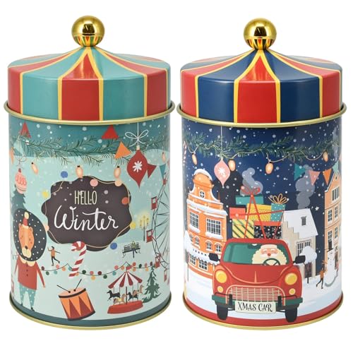 Image of URBNLIVING Set of 2 Decorative Christmas Cookie Tins with Lids – Festive Metal Biscuit, Treat, and Candy Storage Boxes for Holiday Baking & Gifting