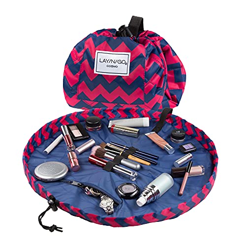 Lay-n-Go Cosmo Drawstring Makeup Organizer Cosmetic & Toiletry Bag for Travel, and Daily Use with a Durable Patented Design, 20 inch, Pink Chevron