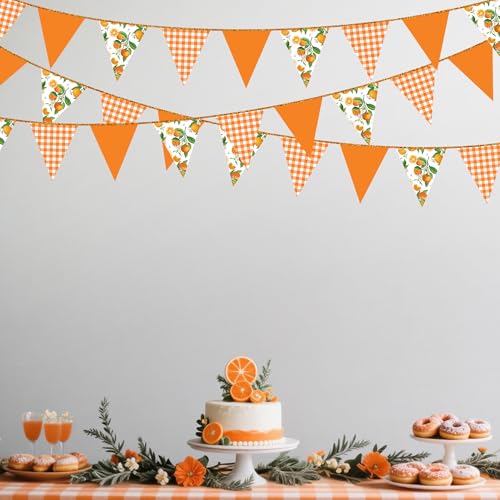 Image of Citrus Orange Party Decorations Orange Plaid Floral Pennant Banner Flag Hanging Paper Triangle Bunting for Birthday Wedding Bridal Shower Engagement Bachelorette Party Decorations Supplies