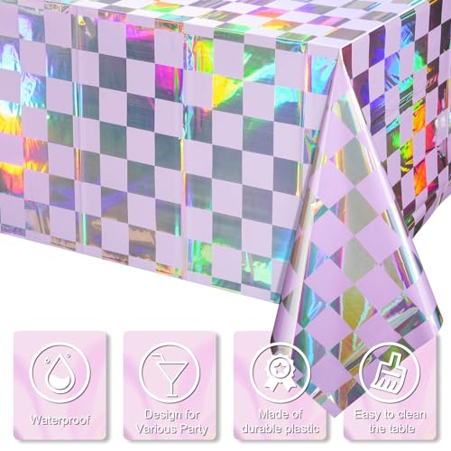Image of 1Pack Iridescent Checkered and Purple Plastic Tablecloths Shiny Disposable Laser Rectangle Table Covers Holographic Foil Tablecloth Iridescent Party Decorations Birthday Bridal Baby Shower, 54x108Inch