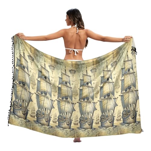 miaozhen Pareo de traje de baño junior suave vintage con diseño de océano, velero, mapa del océano, para traje de baño, ropa de playa, Vintage Ocean Sailboat Ocean Map, M Grande