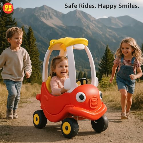 Image of OK Play Mister Cozy Coupe Ride On Car for Kids | Four Wheel Push On Ride | footrest Support | Backrest | Easy Grip | Horn | Assembled Coupe Car | Indoor Outdoor Ride | Safe & Fun Activity Toy