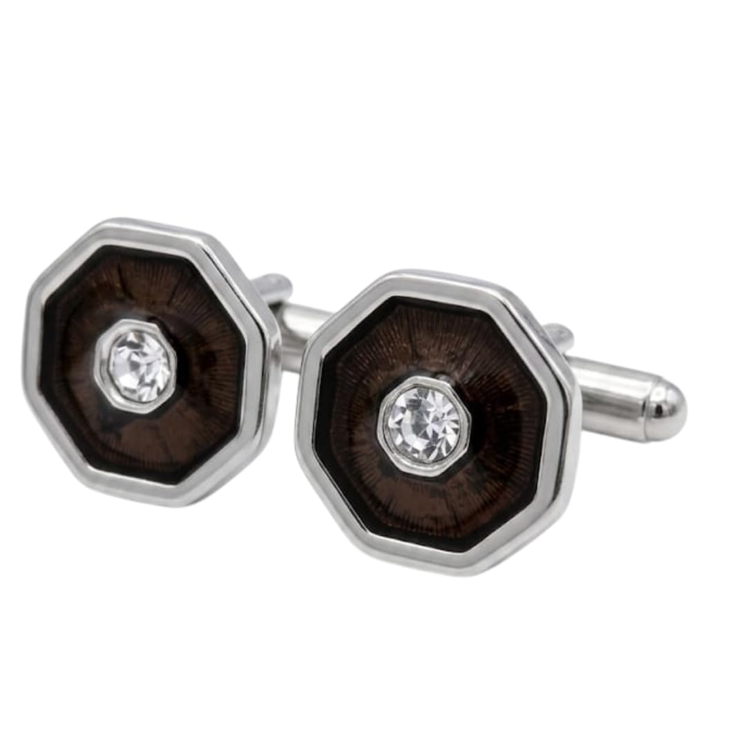Men's Octagon Black Enamel Cufflinks with Center Crystal Stone-image-40