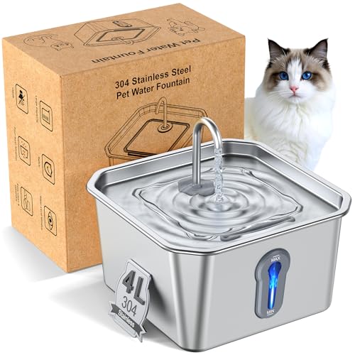 Stainless Steel Cat Water Fountain, 4L/135oz Automatic Circulation pet Water Dispenser, Quiet cat Bowl Water Dispenser, Suitable for Cats, Dogs and Multiple Pets. (Pet Fountain+2 Filters+2 Sponges)