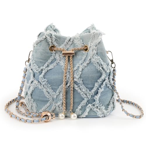 Denim Bucket Bag Quilted Jean Drawstring Purse Y2K Hobo Crossbody Clutch Handbag For Women