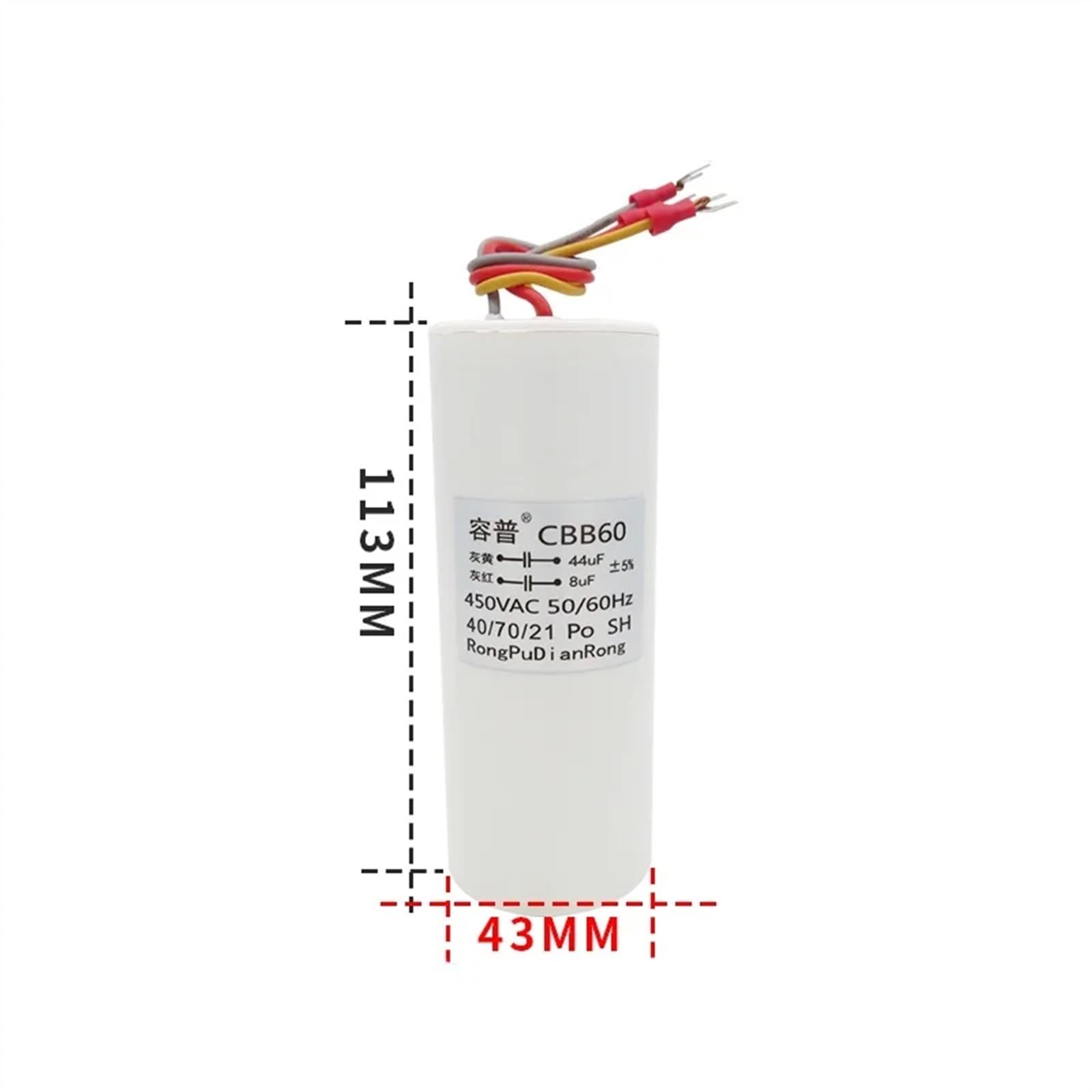 Condensador de arranque de grúa de motor de poste de elevación de polipasto eléctrico de 450 V, condensador dual de 3 cables y 44 UF + 8 UF CBB60
