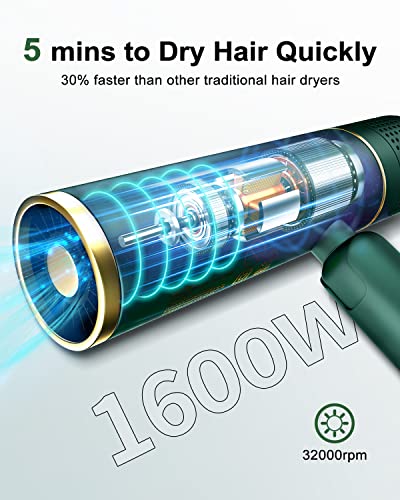 7Magic Fast-Drying Hair Dryer, Foldable Ionic Blow Dryer With Storage Bag For Travel, Lightweight Portable Hairdryer For Women & Men, Negative Hair Blow Dryer, 2 Heating/Cold/2 Speed Settings, Green #TOP1