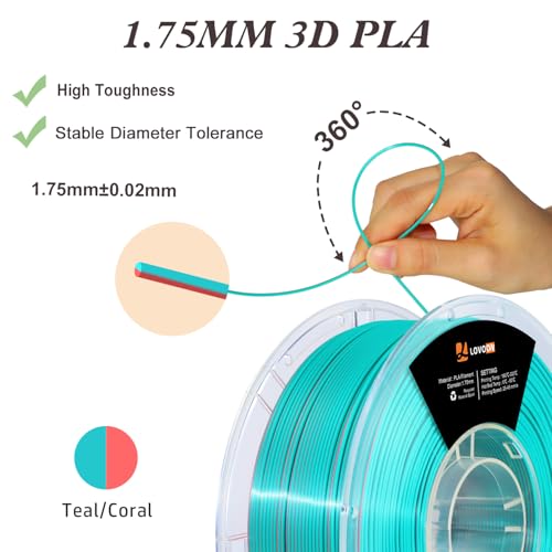 Image of LOVOON 3D Printing Filament PLA, Silk Multicolor PLA Filament 1.75mm,DualColor Change by Angle Filament,Fit Most 3D Printer& 3D Pen,Silk Teal /Coral(Blue /Pink), 1KG(2.2lbs) /Spool