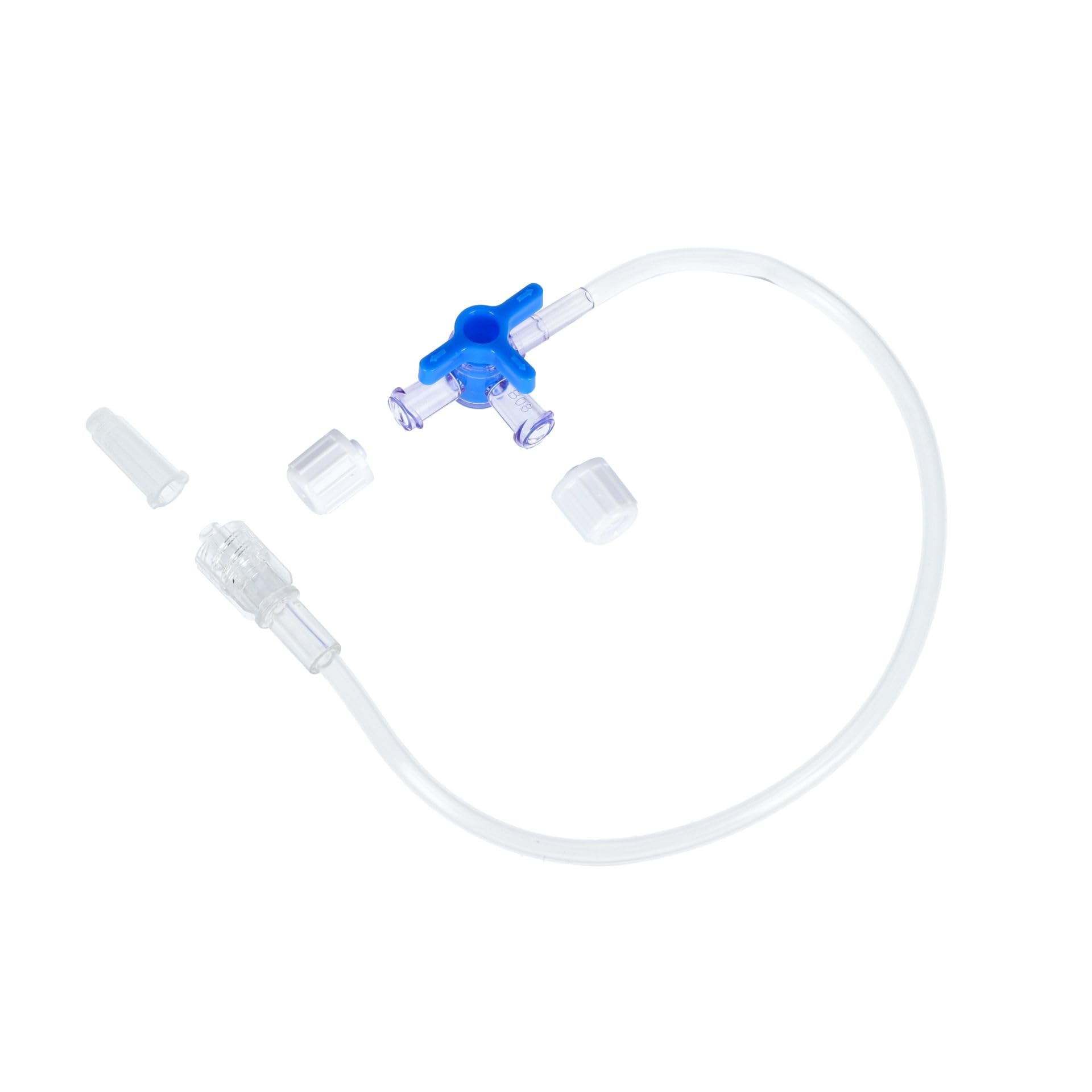 Grifo de 3 vías con línea de extensión – policarbonato y PVC, estéril, uso único 25 cm – Caja de 50 piezas