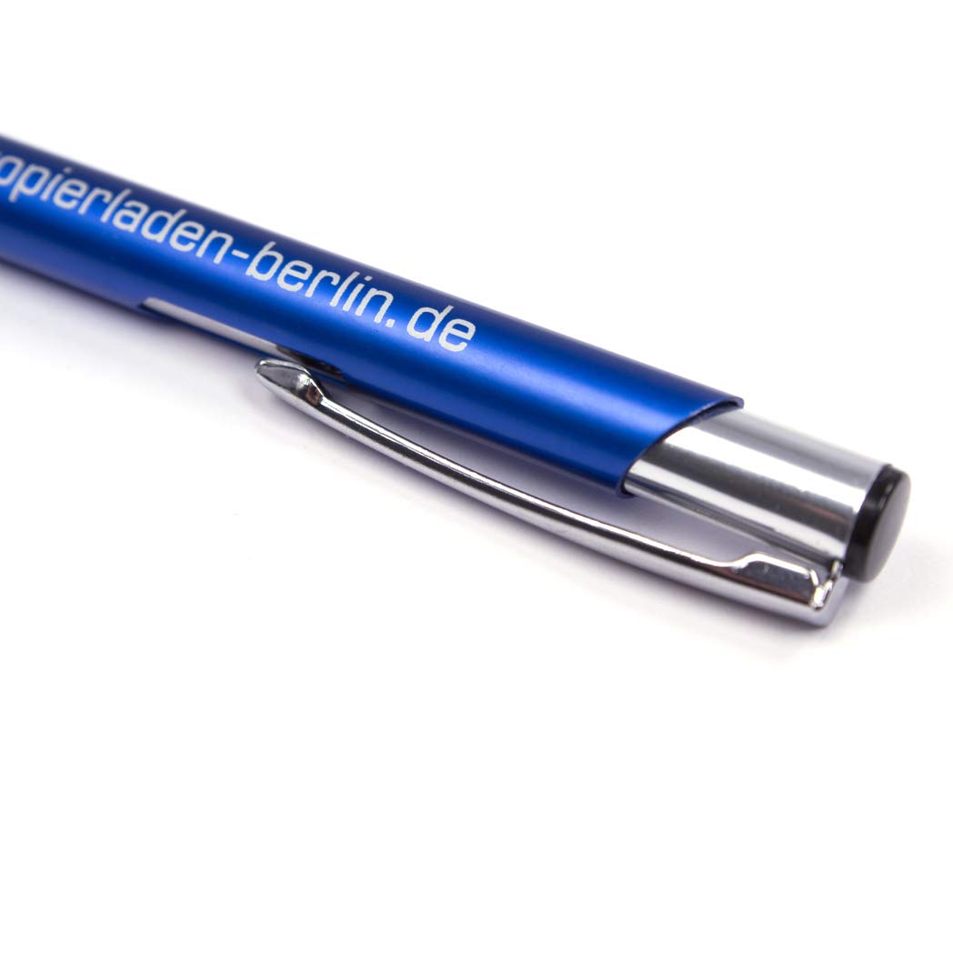 Kopierladen Karnath GmbH Personalisierbarer Kugelschreiber mit eigenem Text und Logo gestalten - Blauer Kuli aus Metall mit Ansteckclip, blaue Tinte, 100 Stück,