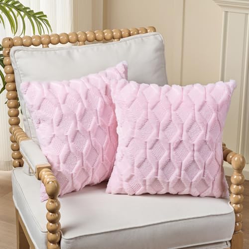 Volcanics Pack of 2 Faux Wool Throw Pillow Covers 20x20 Inches Decorative Farmhouse Velvet Couch Pillow Case Soft Plush Square Boho Cushion Pillowcase, Light Pink