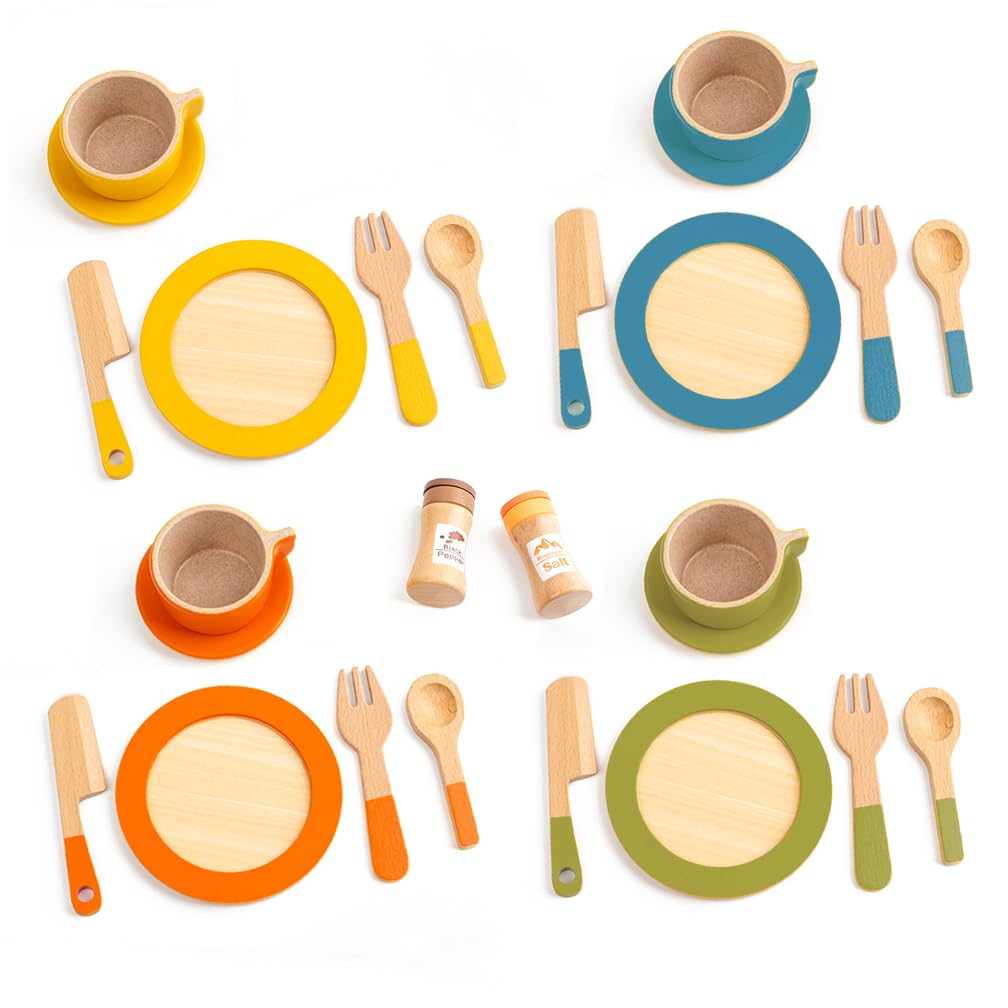 Amazon.co.jp: Button Moon 木のおもちゃ 食器セット ままごと4人分