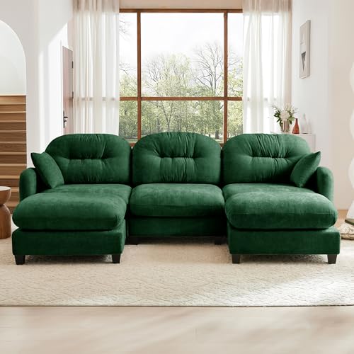 Image of KEIKI 107 inch U-Shaped Oversized Chenille Modular Sectional Sofa with 2 Ottoman, High-Density Foam Cushions, Tufted Pleated Cushion Backrest, Modern 3-Seater Couch with 2 Pillow, for Living Room, Green