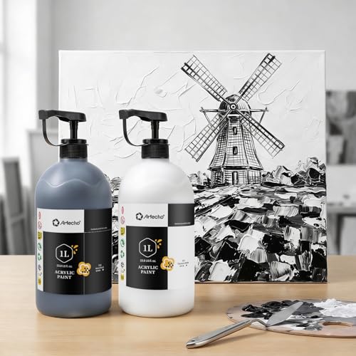 Image of Artecho Mars Black Acrylic Paint 1000ml / 33.8 fl oz Pump Dispenser | Large Bottle, Semi Glossy Finish, High Pigment Rich Color Craft Paint for Canvas, Rocks, Wood, Ceramic, Easy dispensing