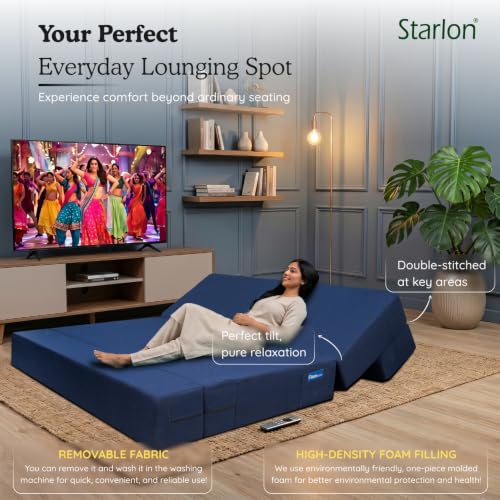 Image of Starlon 3 Seater Foldable Sofa Cum Bed 3-in-1 with 2 Floral Pattern Pillows, Washable Jute Fabric Cover, Space Saving Guest Bed, Royal Navy Blue 6x6 Ft