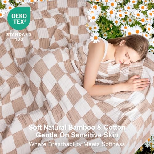 Image of EMME Cooling Muslin Queen Blanket for Bed - Checkered Lightweight Summer Cotton Blankets of Rayon Derived from Bamboo for Hot Sleepers, Ultra Soft Breathable Gauze