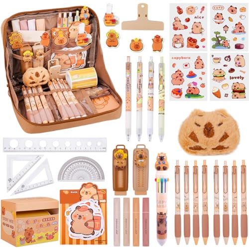 Pipihome Capybara Stationery Set - Capybara Pencil Case with Eraser Ballpoint Pens Sticker Brooch and More Cute Pencil Case Set for Office School Boys Girls Kids