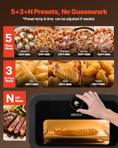 Image of VEVOR Pizza Oven, 8 Presets Electric Pizza Ovens Air Fry Combo, 12-Inch Indoor Pizza Maker Smart Knob Control, 750F Max Temp, IPX4 Waterproof Countertop Pizza Cooker w /Pizza Stone,Fry Basket